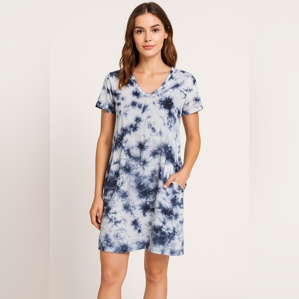 XCVI Blue White Tie Dye Short Sleeve Hooded Cotton Linen Dress Size M